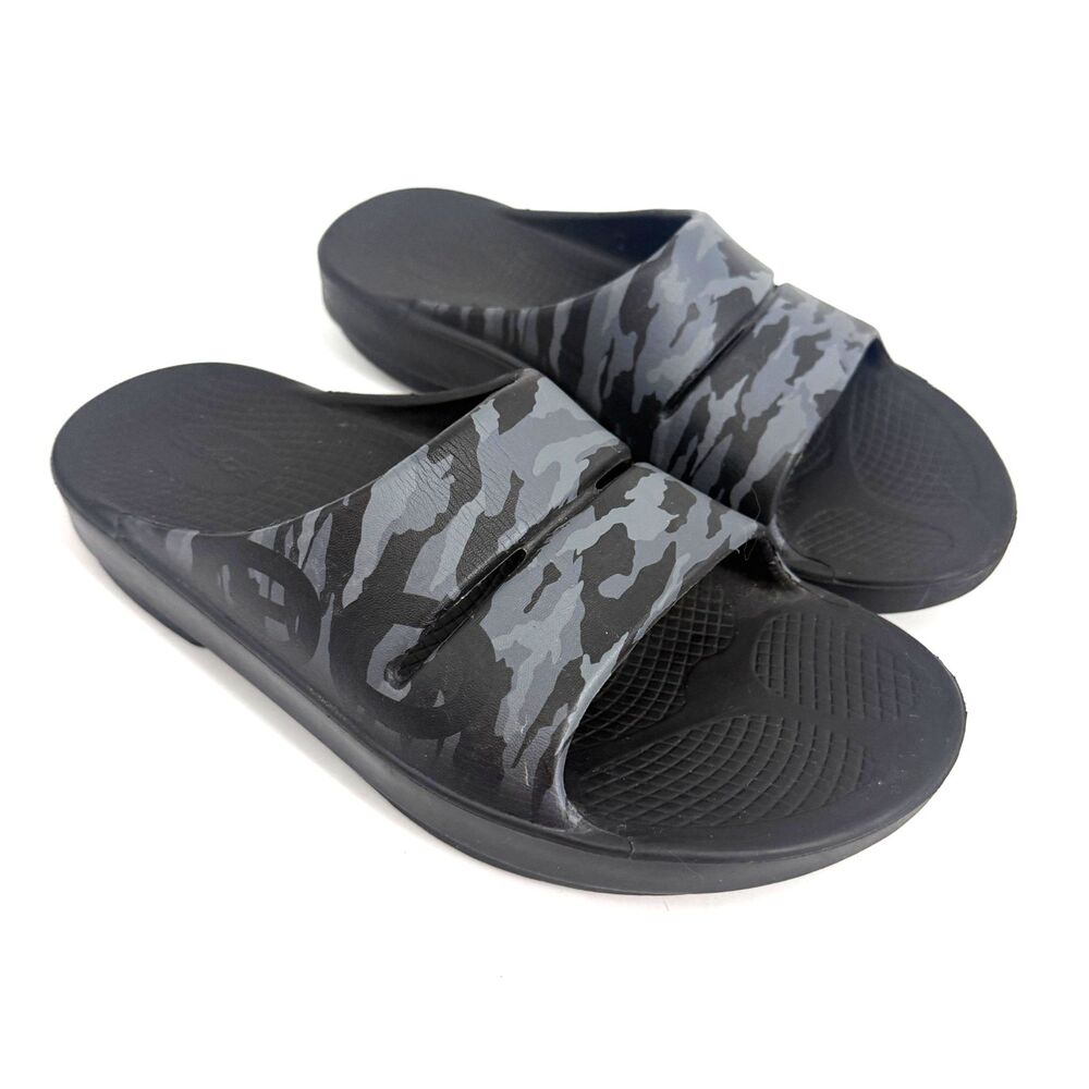 Oofos OOahh Sport Flex Slide Sandals Mens 8 Grey Black Camo Recovery Foam Casual